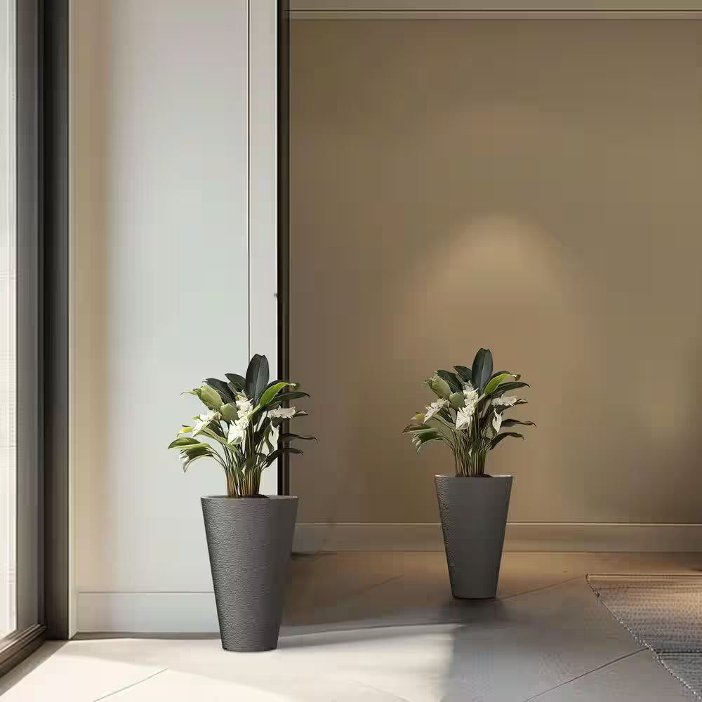Set of 2 Tall 27.57-Inch Square Charcoal Black Plastic Planters for Indoor and Outdoor Use