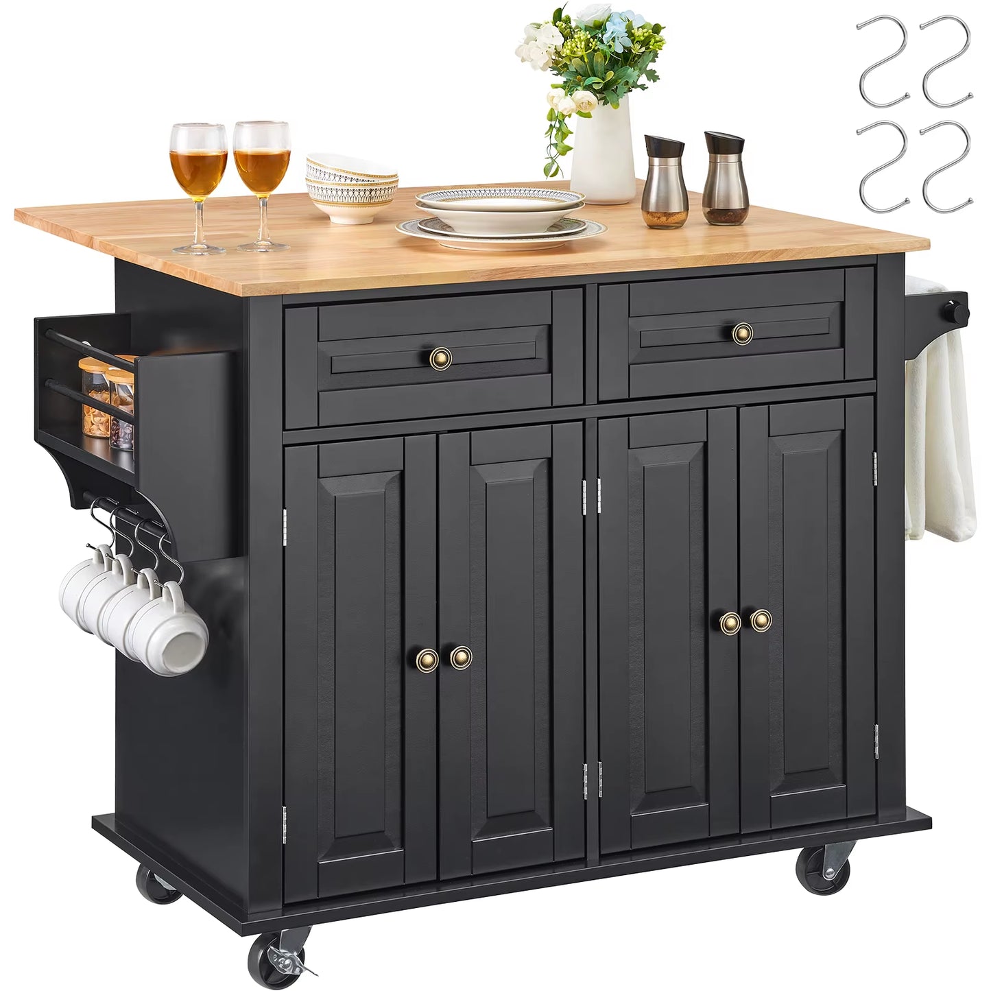 Utility Kitchen Cart with Storage and Expandable Top