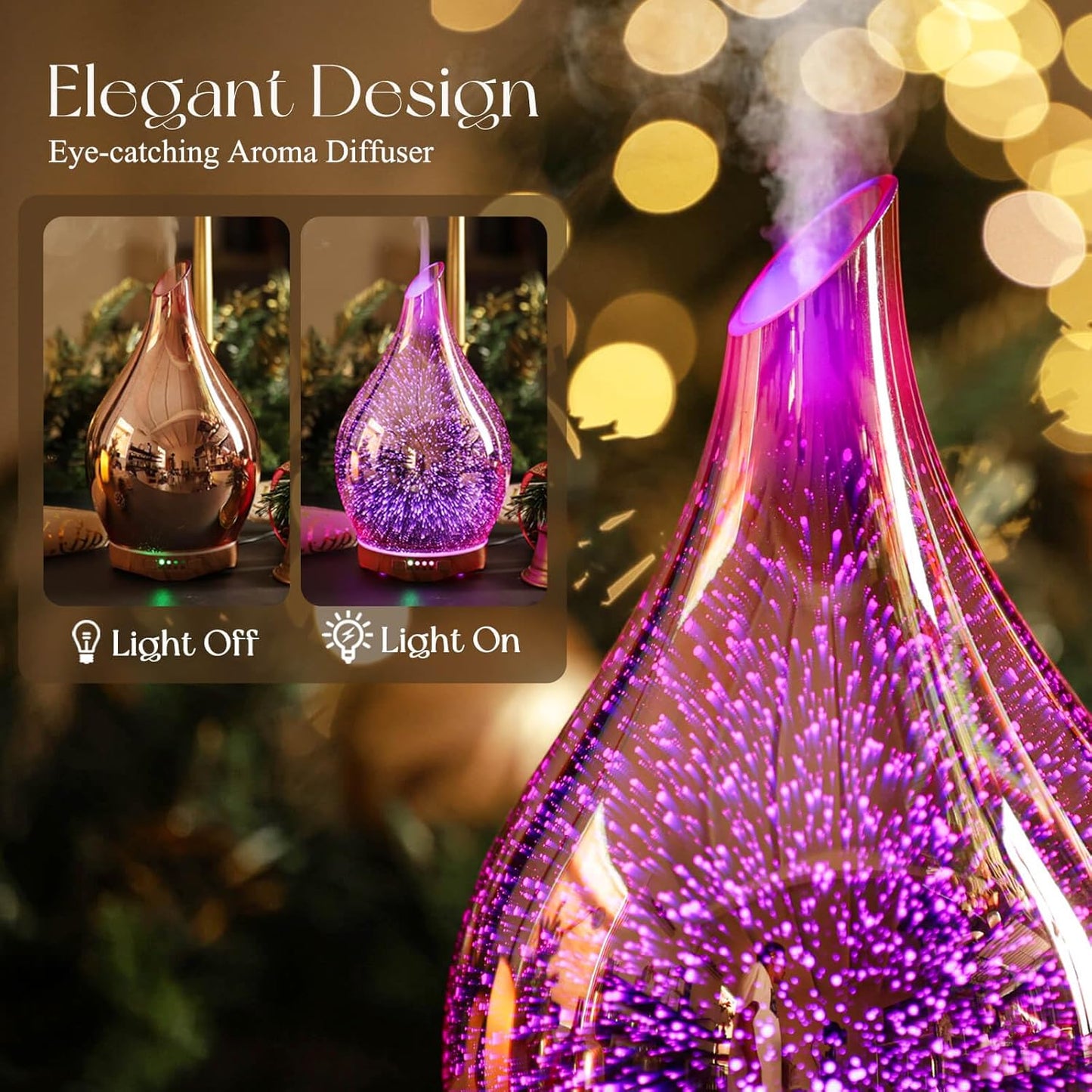 280ml Ultrasonic Essential Oil Diffuser - 3D Glass Aromatherapy Humidifier with Timer, Color-Changing Feature, and Waterless Shut-Off for Home and Office Use