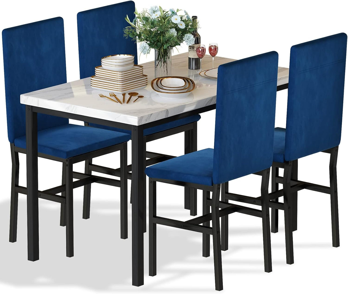 5-Piece Dining Table Set with Faux Marble Top and Faux Leather Upholstered Chairs, Ideal for Kitchen, Breakfast Nook, and Dining Room, White and Beige, 47.25" L x 27.56" W x 30.1" H