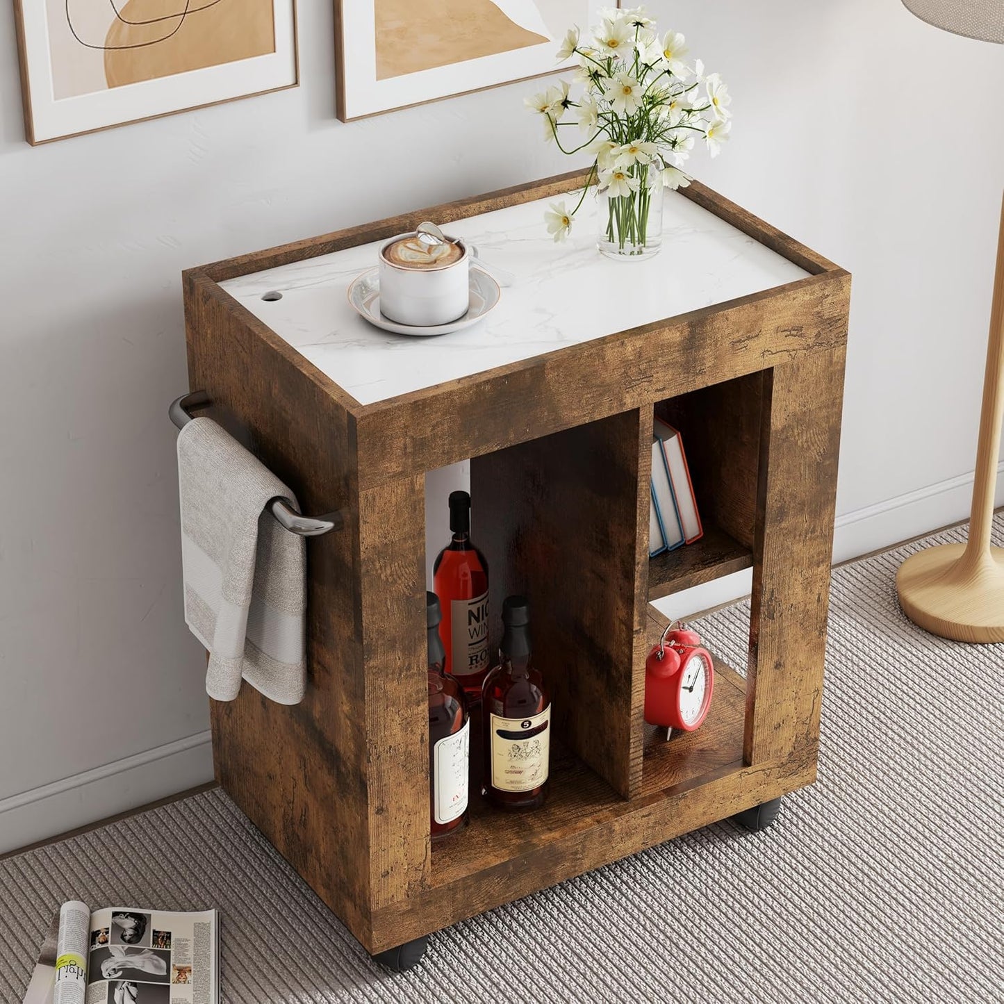 Stylish 24-Inch Extendable Kitchen Island with Convenient Sliding Handle and Ample Storage - Mobile Black Brown Kitchen Cart on Smooth Casters