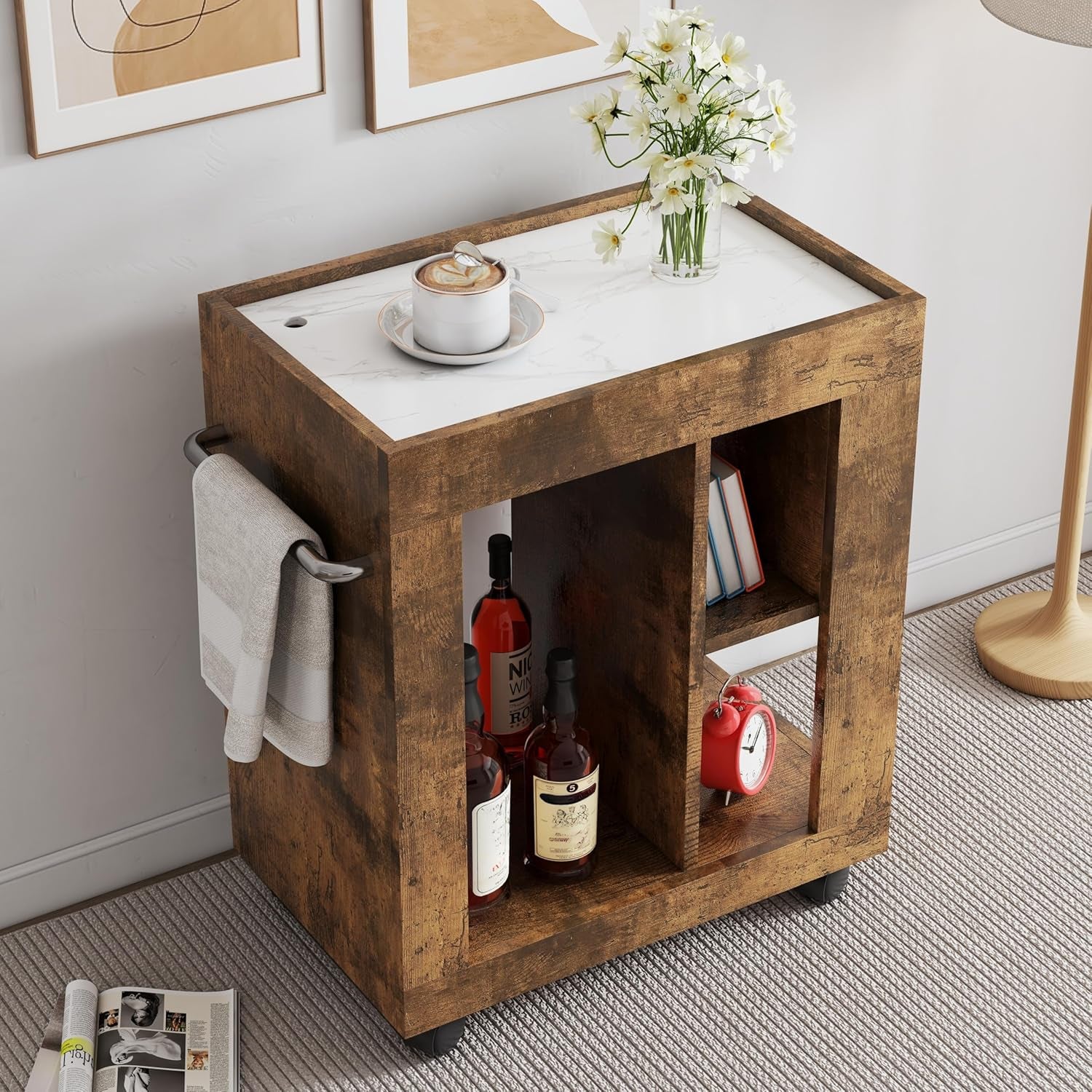 Stylish 24-Inch Extendable Kitchen Island with Convenient Sliding Handle and Ample Storage - Mobile Black Brown Kitchen Cart on Smooth Casters