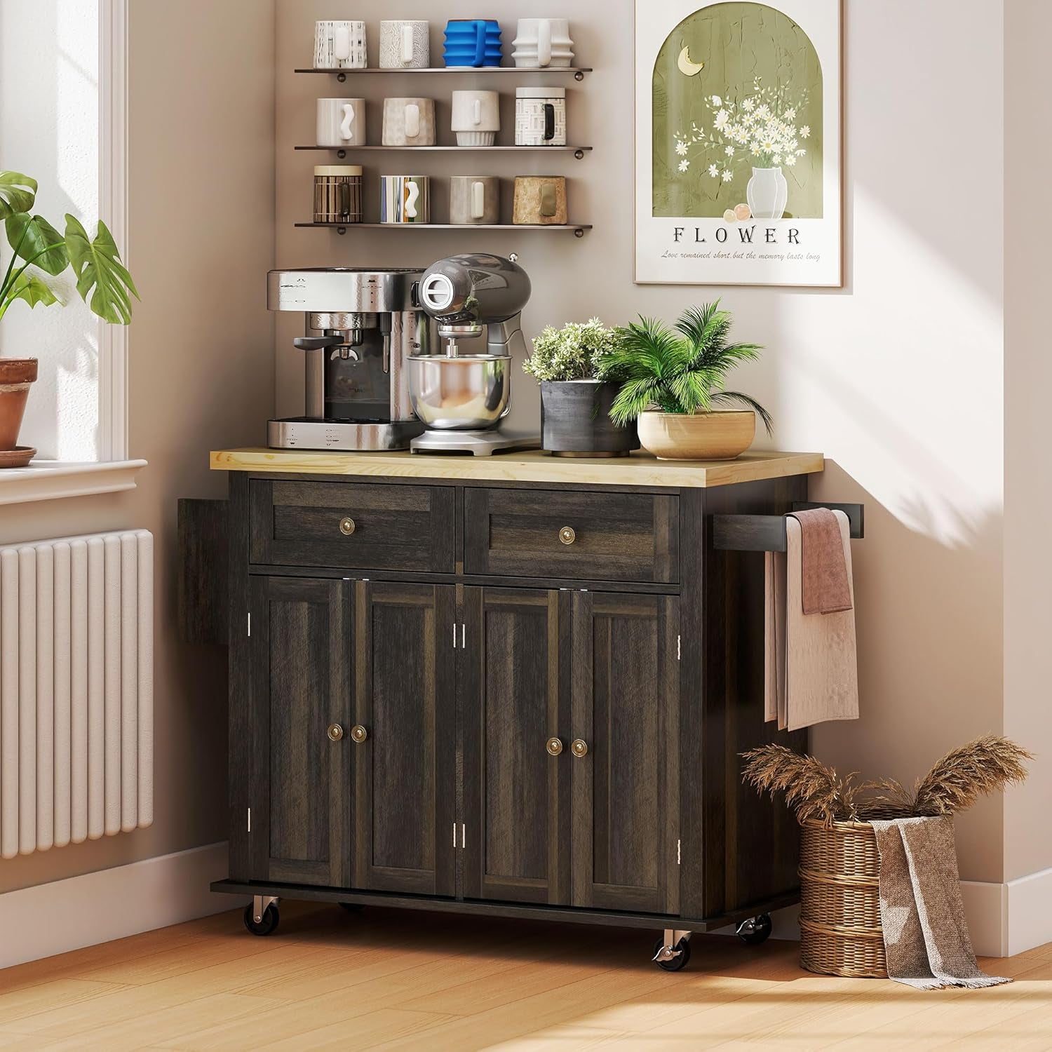 Rolling Kitchen Island Cart with Rubberwood Top, Adjustable Shelves, Drawers, Spice Rack, and Towel Rack in Brown Oak Finish