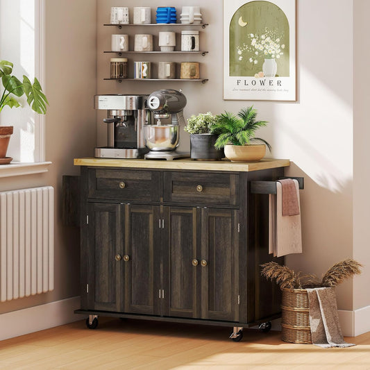 Rolling Kitchen Island Cart with Rubberwood Top, Adjustable Shelves, Drawers, Spice Rack, and Towel Rack in Brown Oak Finish