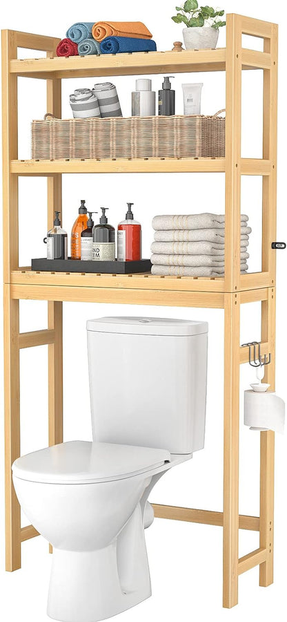 Bamboo 3-Tier Over-Toilet Organizer with Hooks – Freestanding Bathroom & Laundry Storage, White
