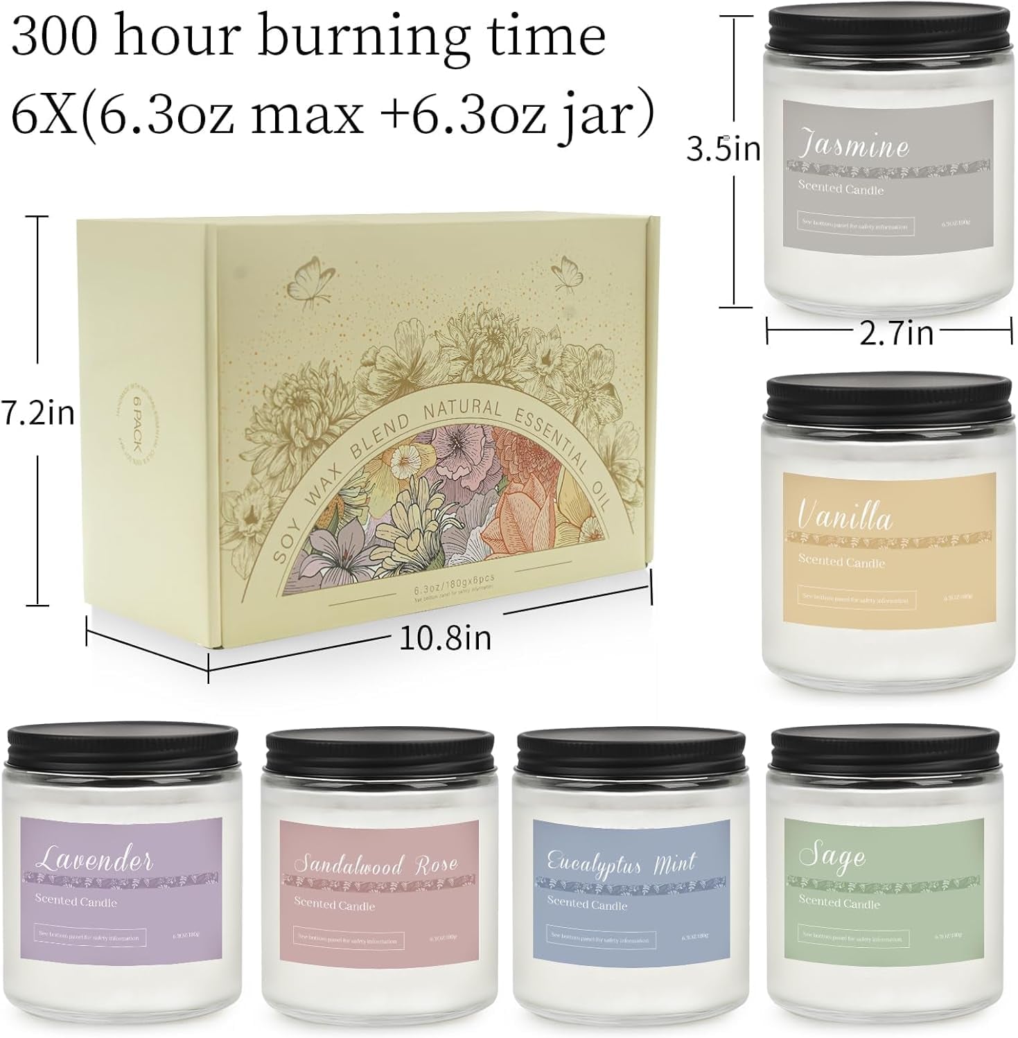 Aromatherapy Scented Candle Gift Set - 6-Pack with 300-Hour Burn Time, Featuring Lavender, Jasmine, Vanilla, Sage, Sandalwood, Rose, and Eucalyptus Mint - Perfect for Gifting to Women