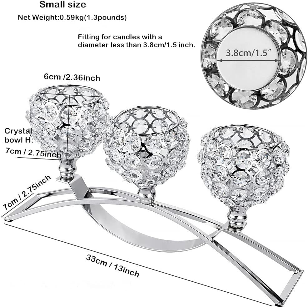 Elegant Silver Crystal 3-Arm Candle Holders - Unique Bling Tea Light Centerpiece