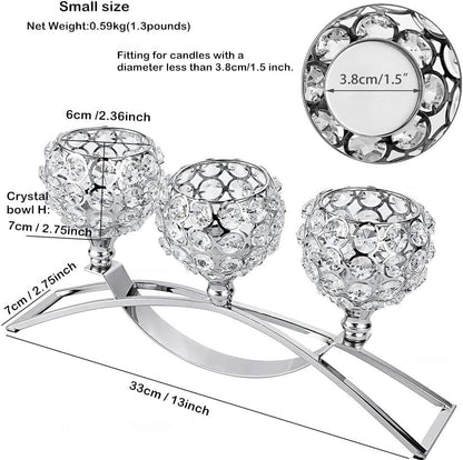 Elegant Silver Crystal 3-Arm Candle Holders - Unique Bling Tea Light Centerpiece