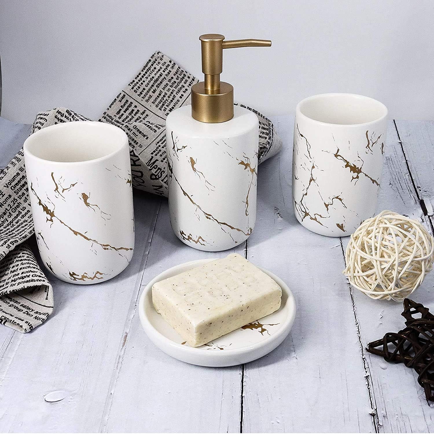4-Piece Cream Bathroom Set – Ceramic Dispenser, Tumblers & Soap Dish