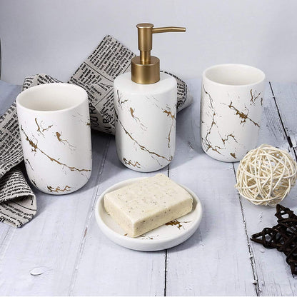 4-Piece Cream Bathroom Set – Ceramic Dispenser, Tumblers & Soap Dish