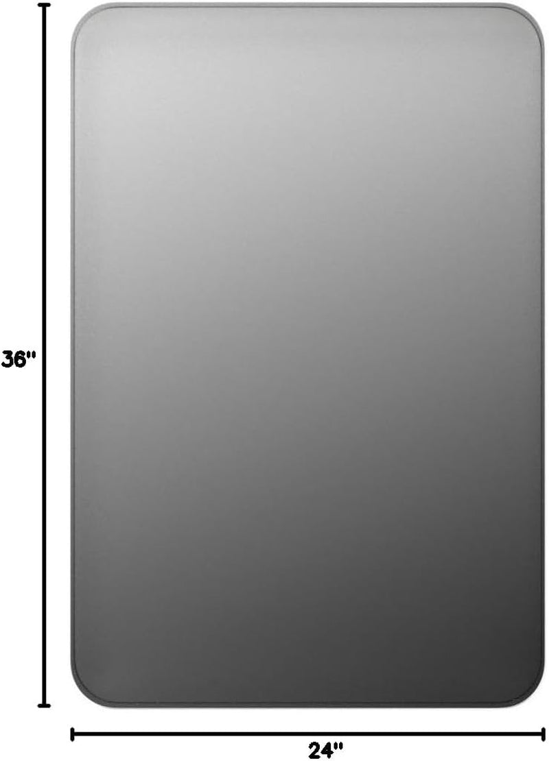 Brushed Nickel Framed Wall Mirror – 24" x 36" Rounded Rectangular Design in Stainless Steel for Bathroom Vanity