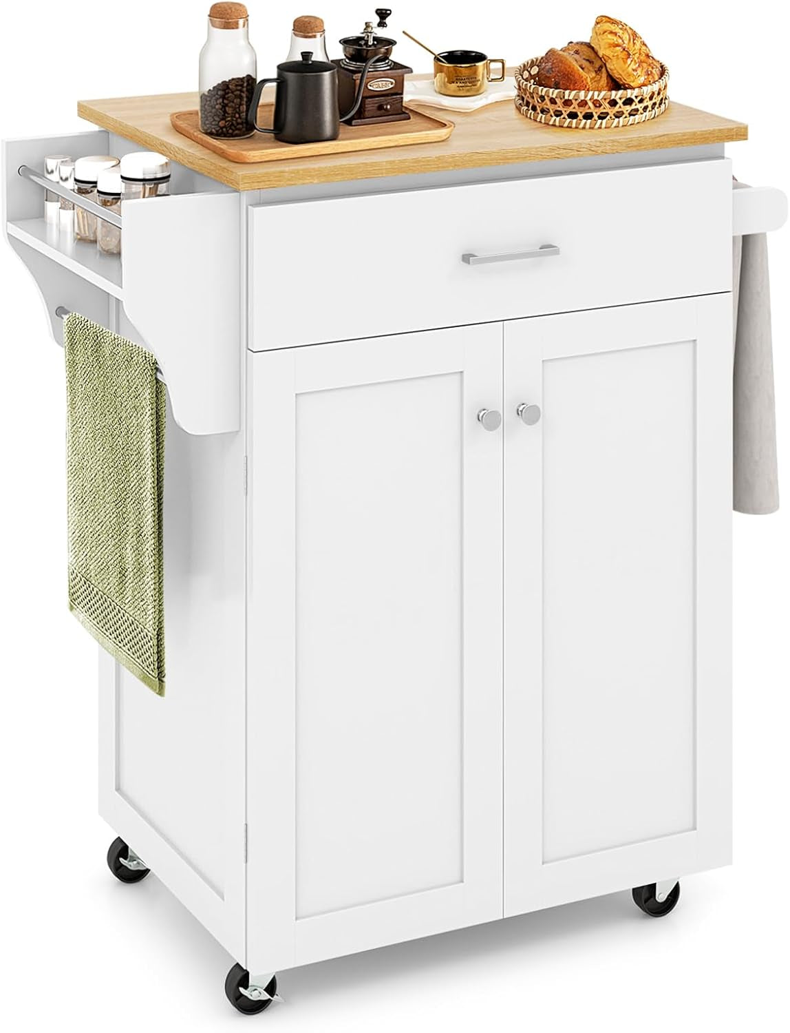 Rolling Kitchen Island Trolley Cart with Spice Rack, Large Drawer, Towel Rack, and Adjustable Shelf - White Storage Pantry Cabinet on Wheels for Dining Room Use