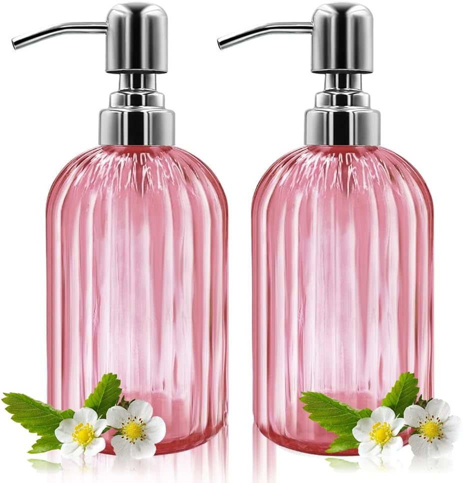 Glass Soap Dispenser Set – 2 Refillable 14 oz Bottles with Stainless Pumps