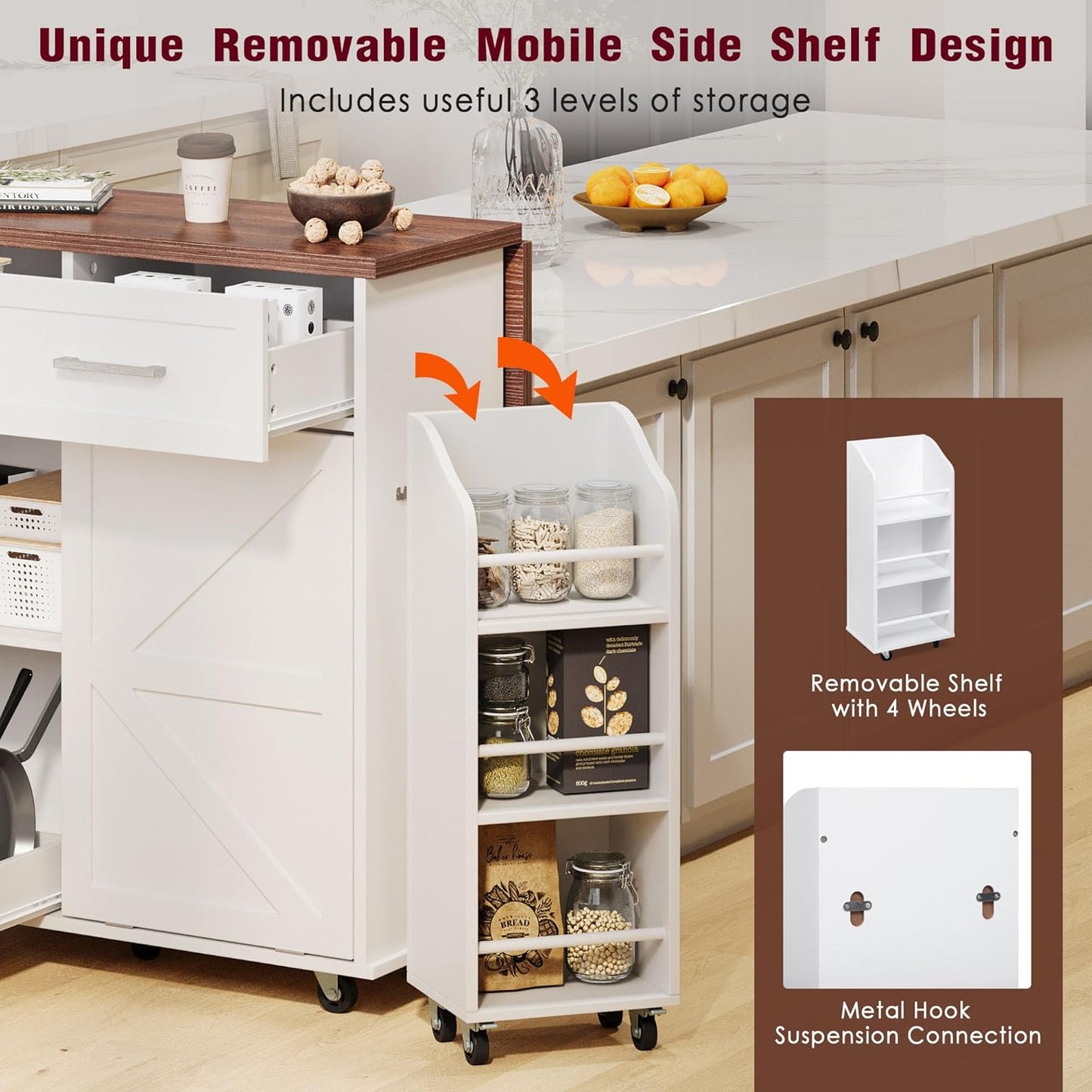 Stylish and Functional Portable White Kitchen Island with Trash Can Storage, Wheels, and Versatile Drawers for Small Spaces