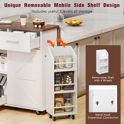 Stylish and Functional Portable White Kitchen Island with Trash Can Storage, Wheels, and Versatile Drawers for Small Spaces