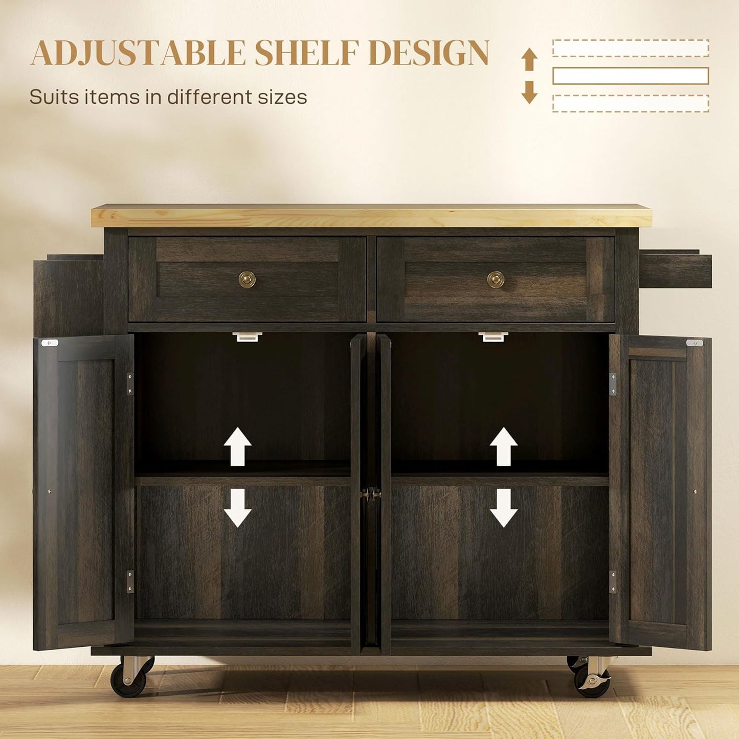 Rolling Kitchen Island Cart with Rubberwood Top, Adjustable Shelves, Drawers, Spice Rack, and Towel Rack in Brown Oak Finish