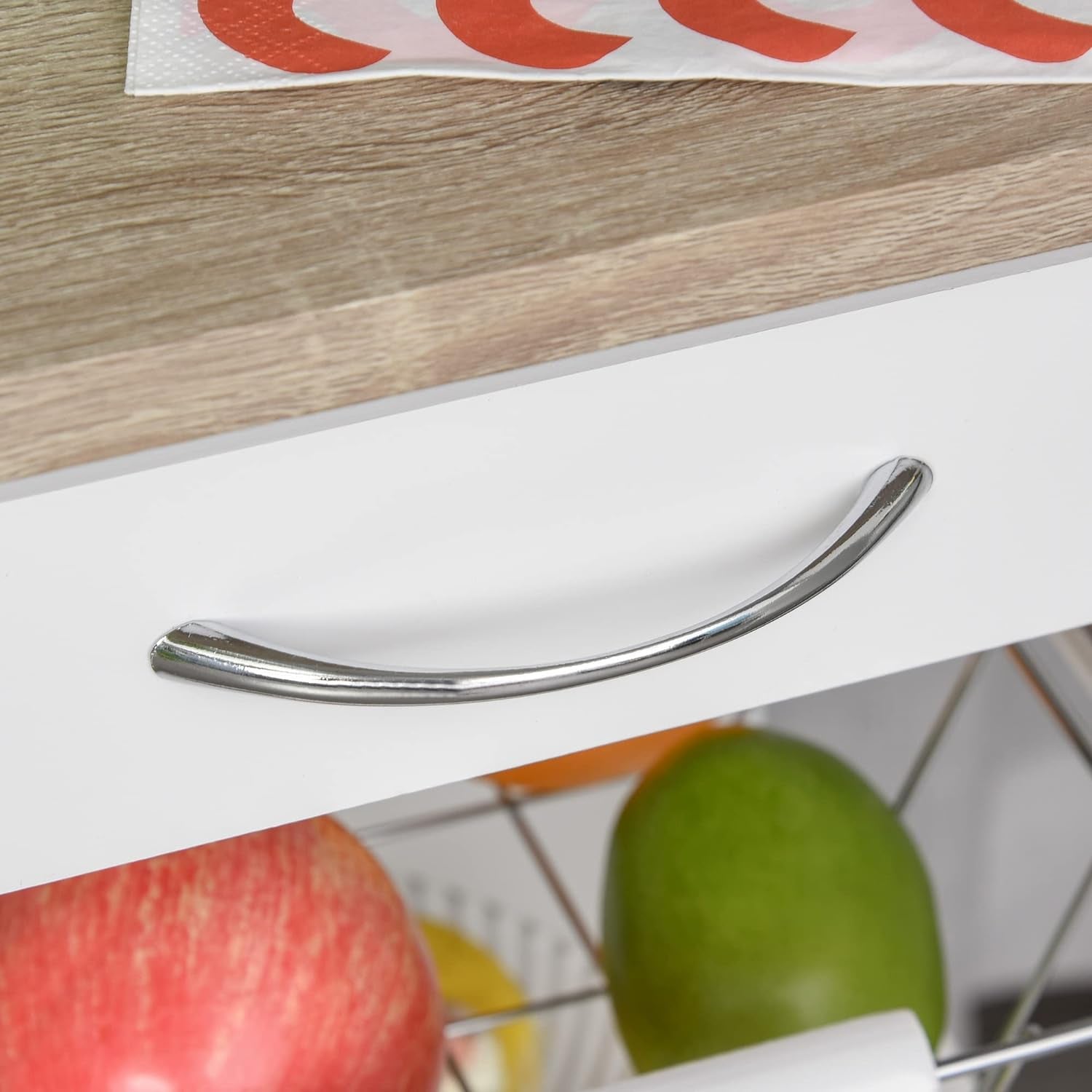 Rolling Kitchen Island Cart with Storage, Solid Wood Frame, Wire Fruit Baskets, Trays, and Drawer, White