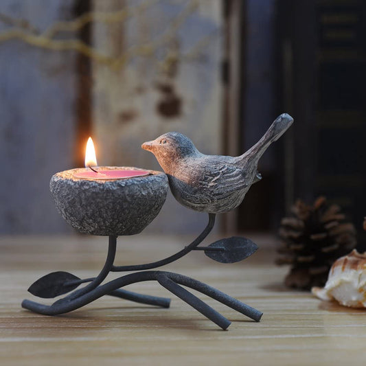 Elegant Vintage Votive Candle Holders - Decorative Centerpiece with Iron Branches, Resin Bird and Nest for Tabletop Tealight Display (Grey Black)