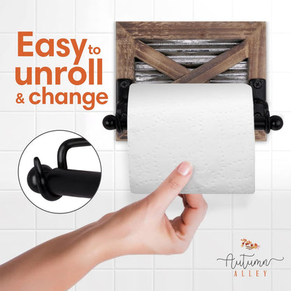 Rustic Farmhouse Toilet Paper Holder – Warm Wood & Black Metal Bathroom Accessory