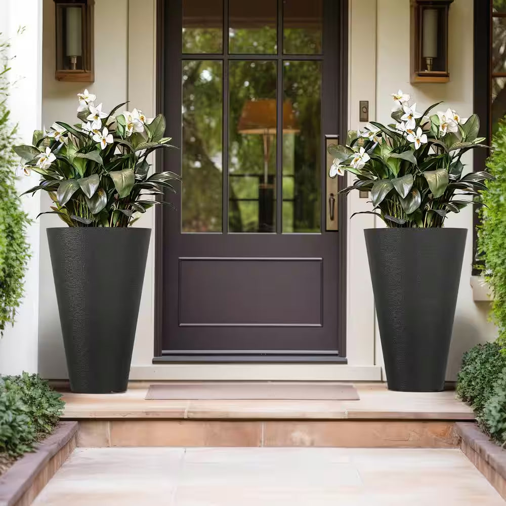 Set of 2 Tall 27.57-Inch Square Charcoal Black Plastic Planters for Indoor and Outdoor Use