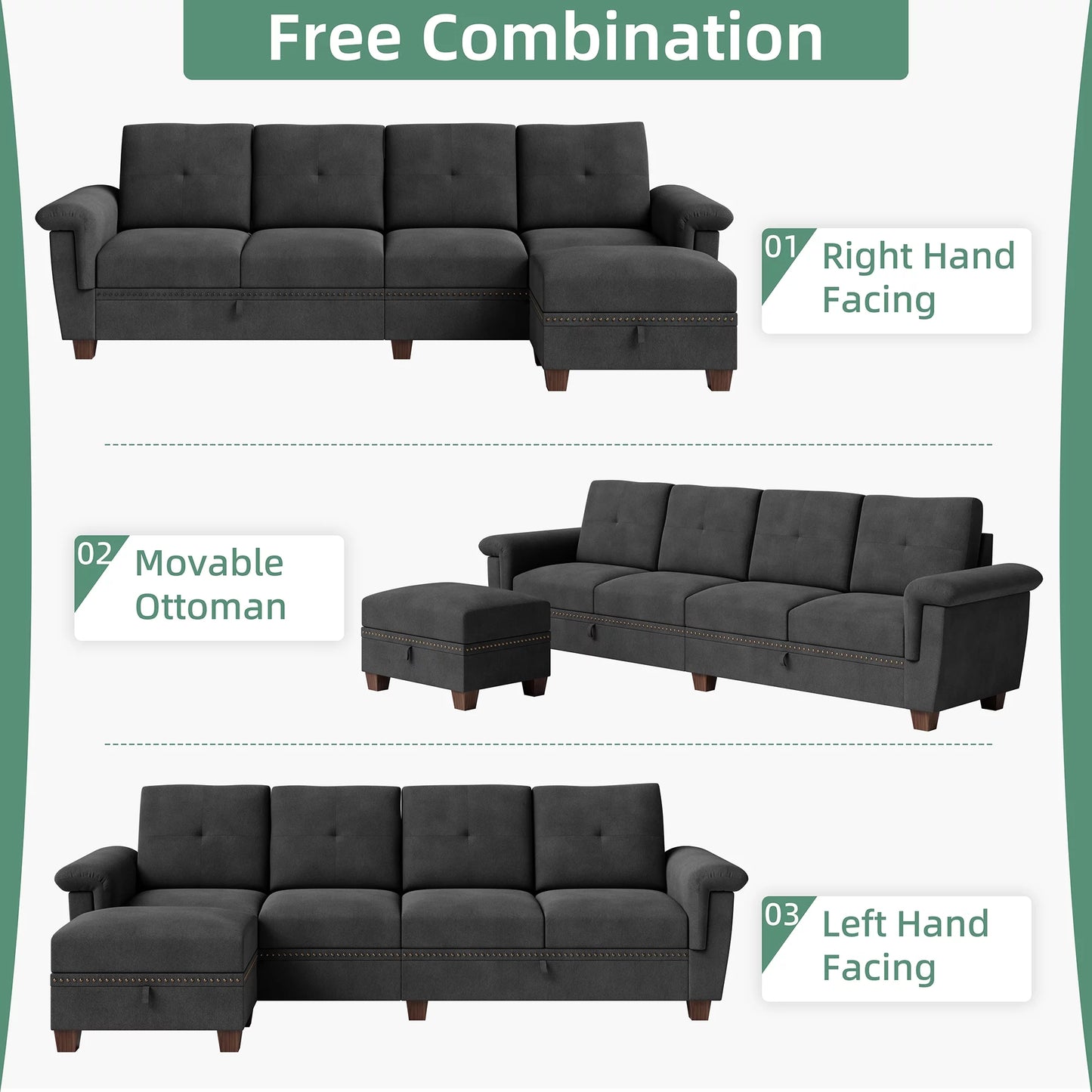 Convertible L-Shaped Sectional Sofa with Storage Chaise & Cup Holders –  4-Seater