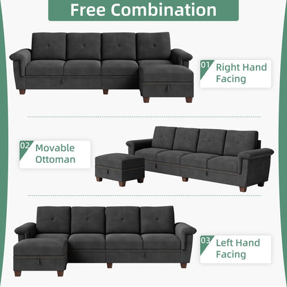 Convertible L-Shaped Sectional Sofa with Storage Chaise & Cup Holders –  4-Seater