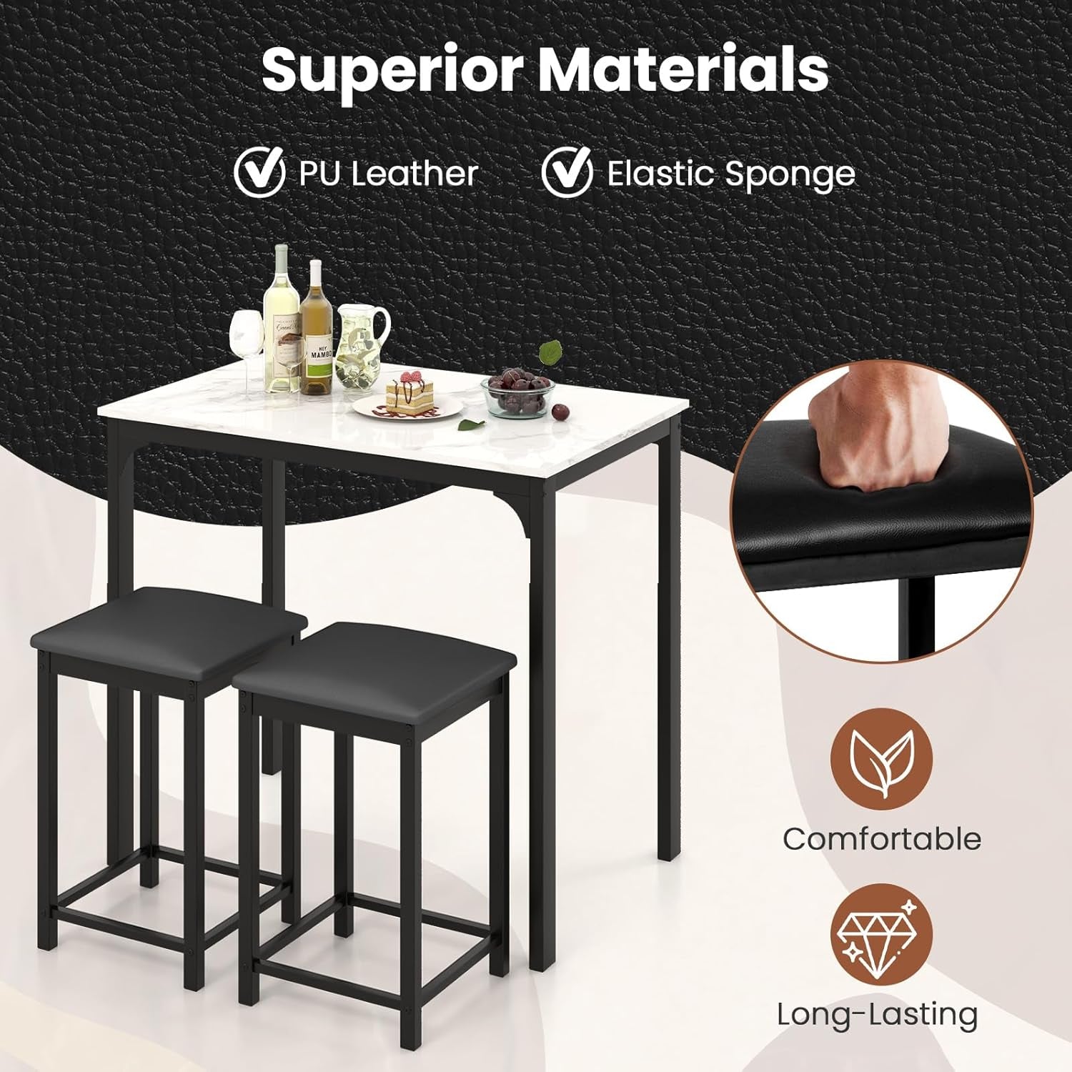 3-Piece Counter Height Dining Set for Two with Faux Marble Tabletop and Metal Frame, Ideal for Small Spaces and Apartments