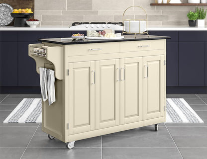 Home Styles Mobile Create-A-Cart Kitchen Cart with Black Granite Top and Four-Door Cabinet in White Finish, Featuring Adjustable Shelving