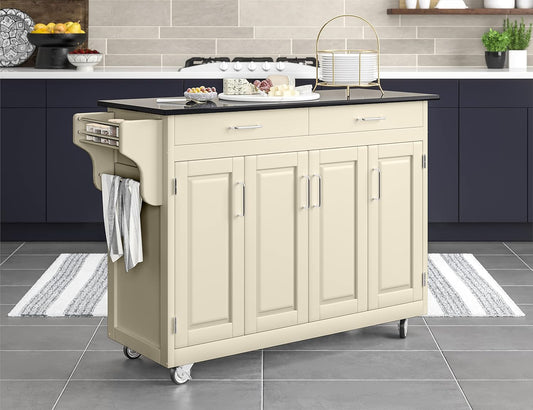 Home Styles Mobile Create-A-Cart Kitchen Cart with Black Granite Top and Four-Door Cabinet in White Finish, Featuring Adjustable Shelving