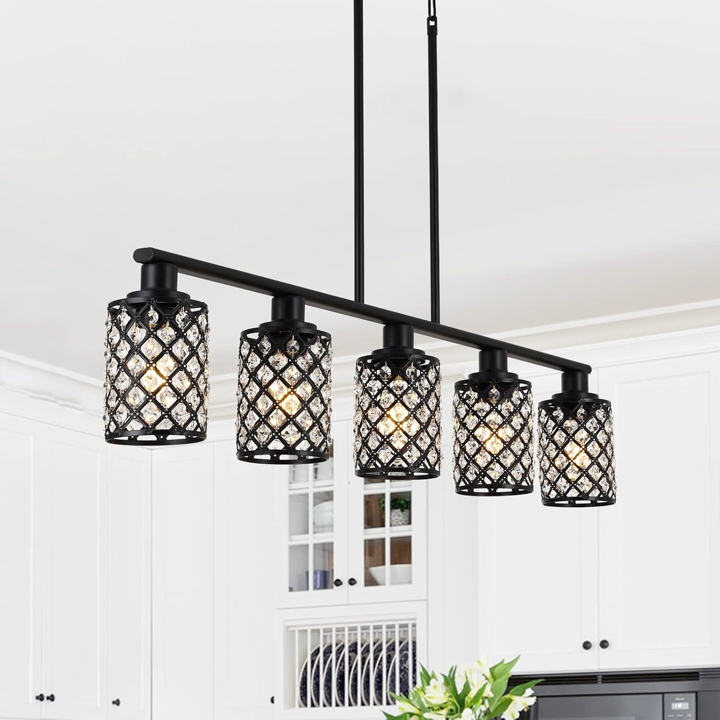 Elegant Black Linear Chandelier with K9 Crystal and Grid Shade - 4-Light Pendant Fixture for Dining Room and Kitchen Island