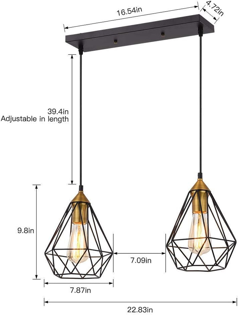2-Light Black Metal Indoor Pendant Light Fixture for Kitchen Island, Bar, Dining Room, and Office