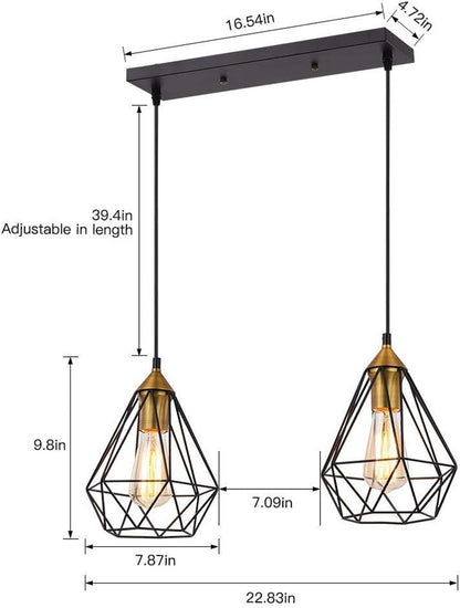 2-Light Black Metal Indoor Pendant Light Fixture for Kitchen Island, Bar, Dining Room, and Office