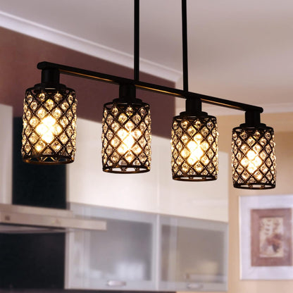 Elegant Black Linear Chandelier with K9 Crystal and Grid Shade - 4-Light Pendant Fixture for Dining Room and Kitchen Island
