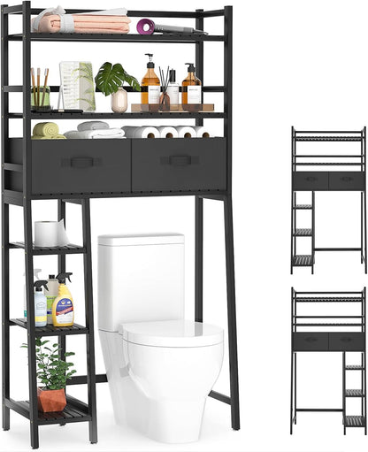 Bamboo 3-Tier Over-Toilet Organizer with Hooks – Freestanding Bathroom & Laundry Storage, White