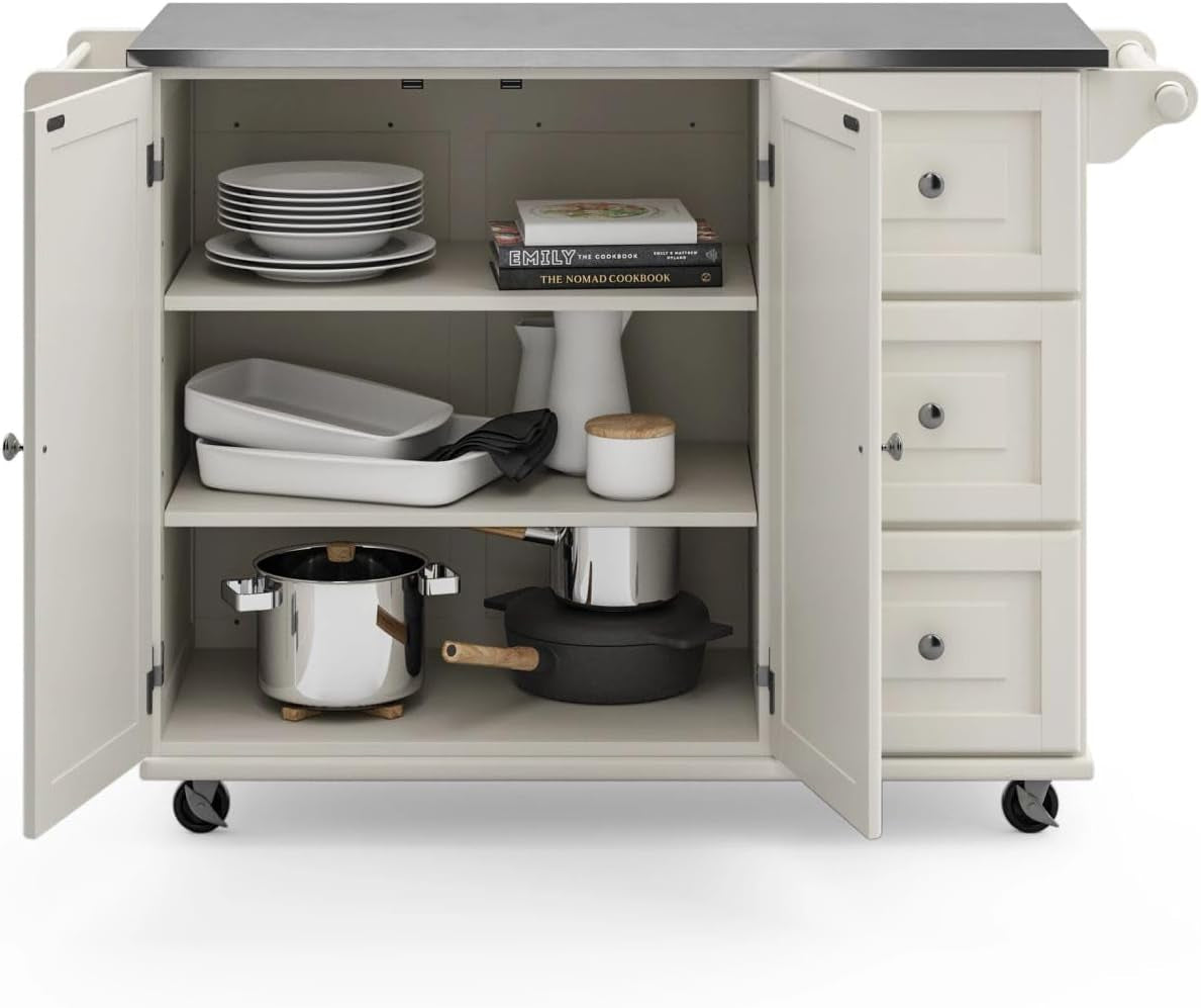 Dolly Madison 54-Inch Rolling Mobile Kitchen Island with Storage and Towel Rack in Off White