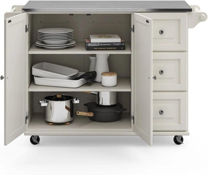 Dolly Madison 54-Inch Rolling Mobile Kitchen Island with Storage and Towel Rack in Off White