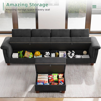 Convertible L-Shaped Sectional Sofa with Storage Chaise & Cup Holders –  4-Seater