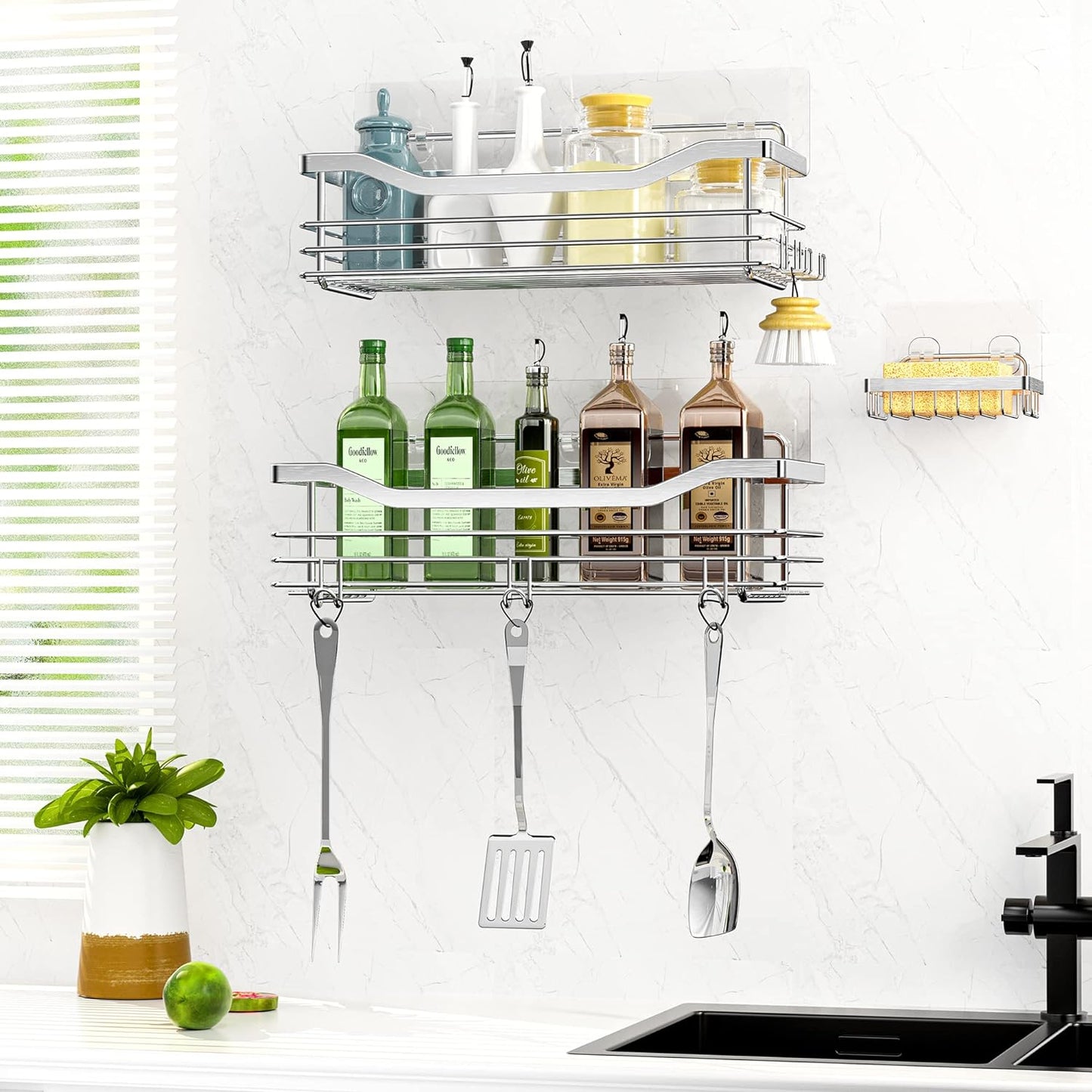 3-Pack Shower Caddy Set – Wall-Mounted Rustproof Stainless Steel Organizer with Soap Dish & 5 Hooks, No Drilling Needed