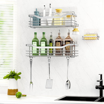 3-Pack Shower Caddy Set – Wall-Mounted Rustproof Stainless Steel Organizer with Soap Dish & 5 Hooks, No Drilling Needed