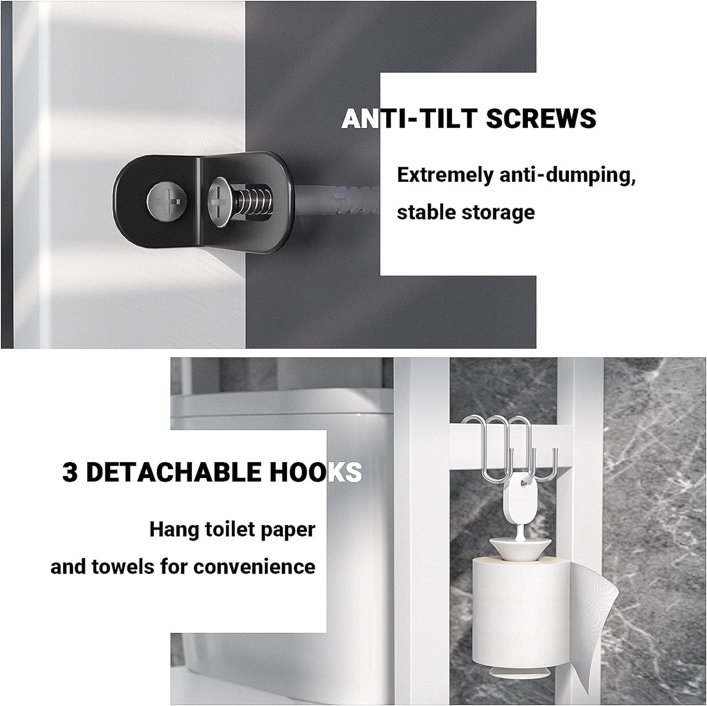 Bamboo 3-Tier Over-Toilet Organizer with Hooks – Freestanding Bathroom & Laundry Storage, White