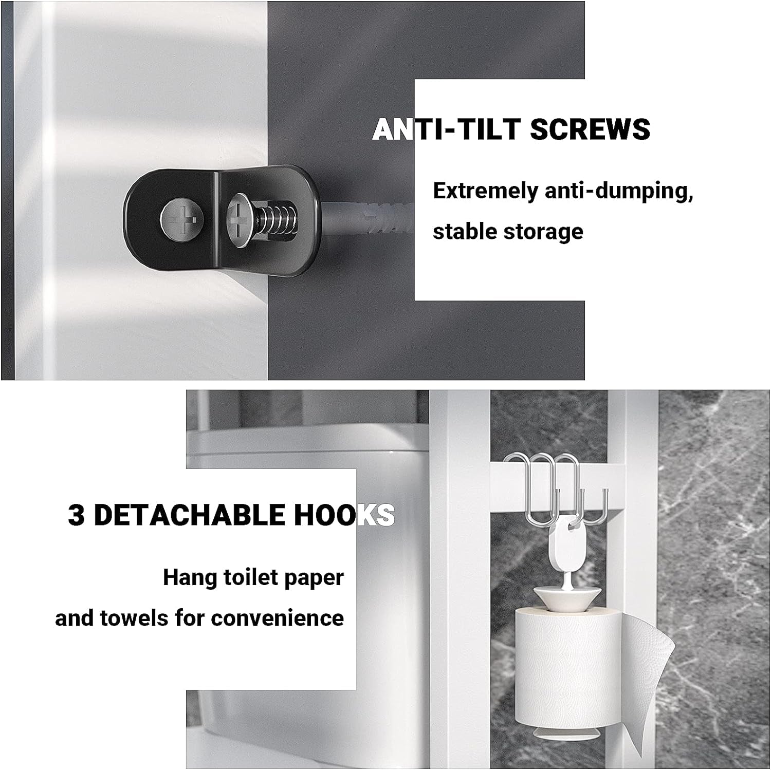 Bamboo 3-Tier Over-Toilet Organizer with Hooks – Freestanding Bathroom & Laundry Storage, White