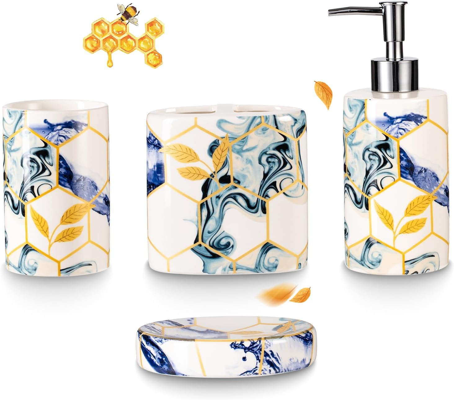 Ceramic 4-Piece Bathroom Accessories Set Complete Hand Paint Bath Countertop Accessory Soap Dispenser Set