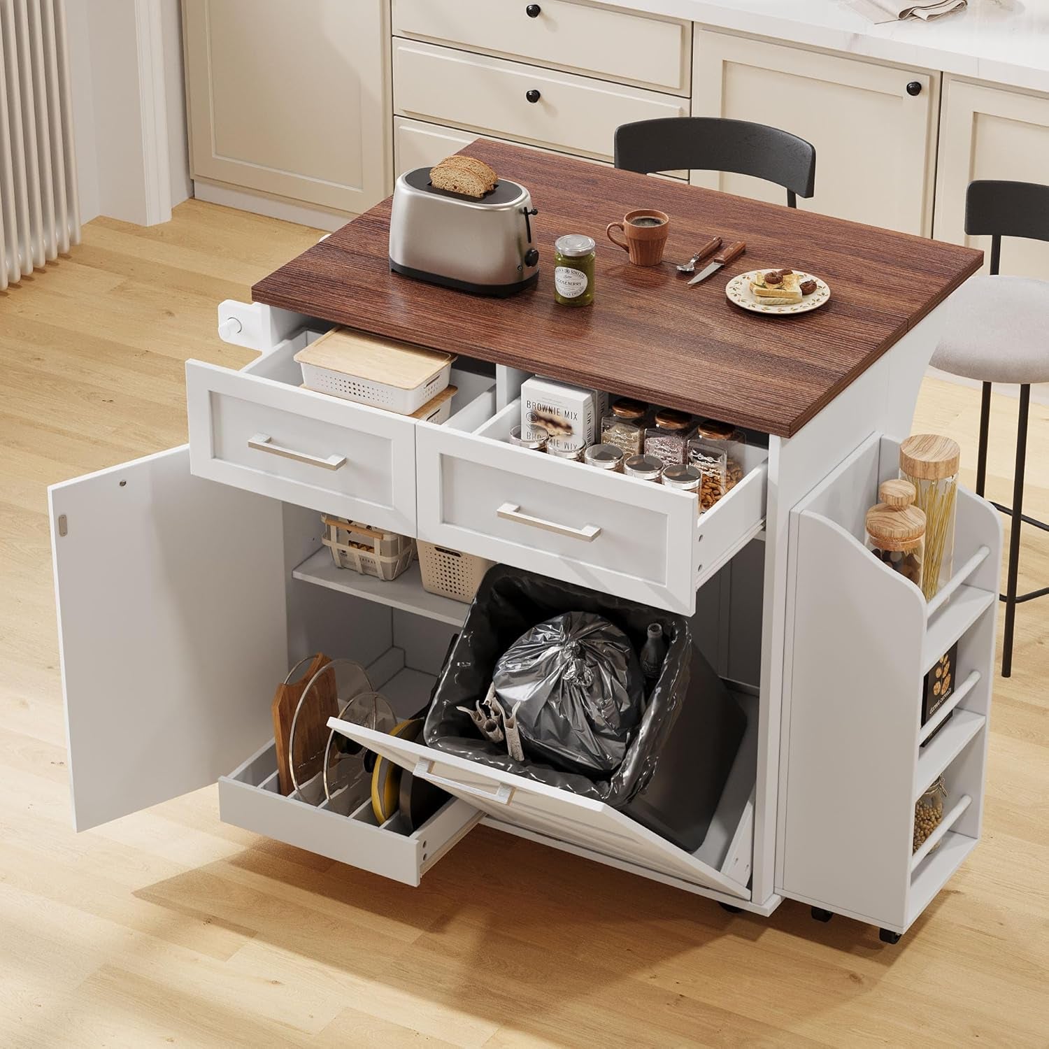 Stylish and Functional Portable White Kitchen Island with Trash Can Storage, Wheels, and Versatile Drawers for Small Spaces