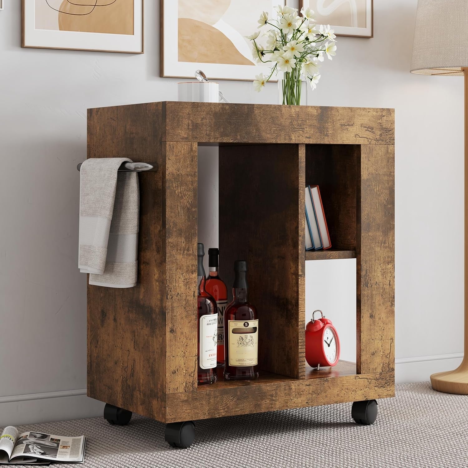 Stylish 24-Inch Extendable Kitchen Island with Convenient Sliding Handle and Ample Storage - Mobile Black Brown Kitchen Cart on Smooth Casters