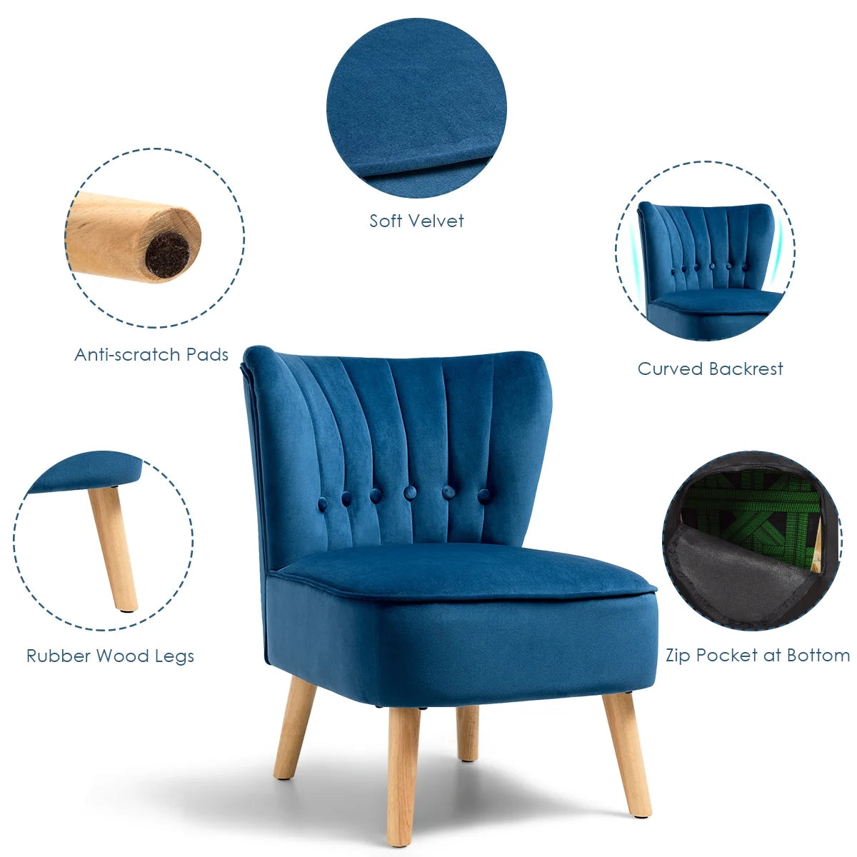 Tufted Blue Velvet Accent Chair — Armless