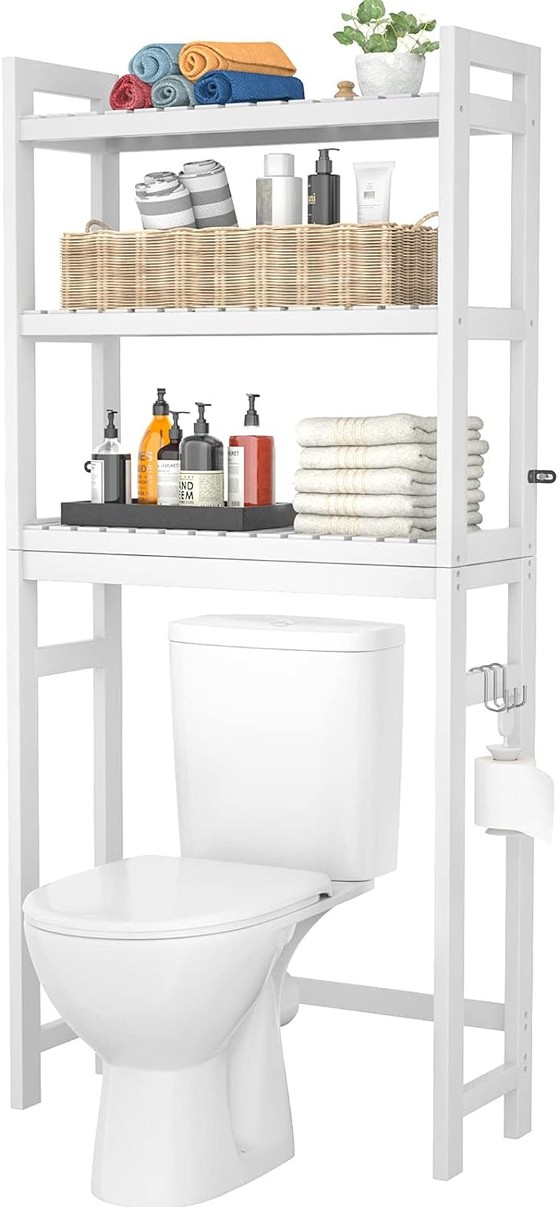 Bamboo 3-Tier Over-Toilet Organizer with Hooks – Freestanding Bathroom & Laundry Storage, White