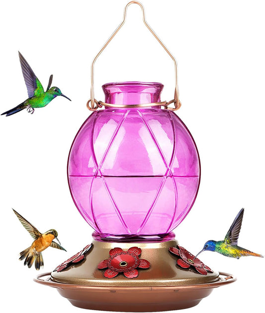 Glass Hummingbird Feeder - 20 Ounce Outdoor Feeder with Netted Texture Ball Shape Bottle in Lavender - Ideal Gift for Any Occasion