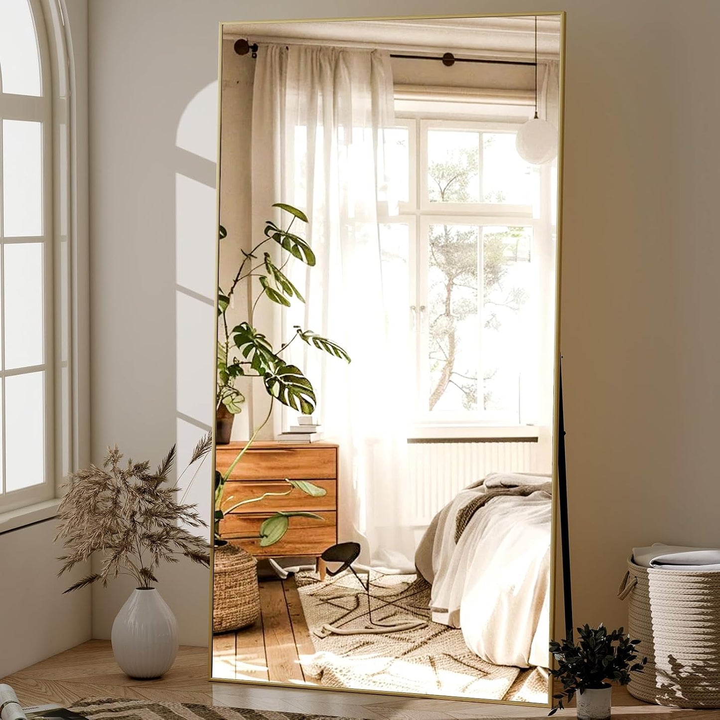 64"x21" Full-Length Freestanding or Leaning Rectangle Floor Mirror with Thin Aluminum Alloy Frame for Bedroom and Living Room, Gold Finish