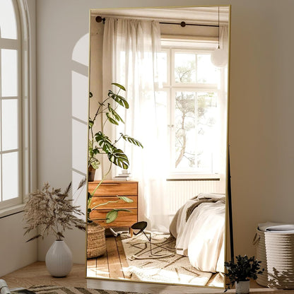 64"x21" Full-Length Freestanding or Leaning Rectangle Floor Mirror with Thin Aluminum Alloy Frame for Bedroom and Living Room, Gold Finish