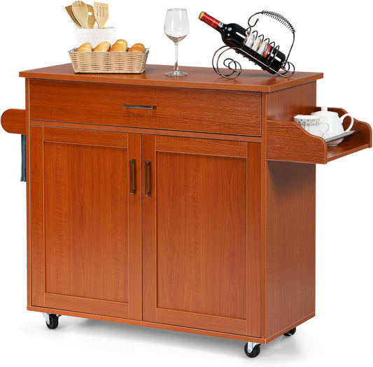 Mobile Kitchen Island Cart with Storage Cabinet, Spice Rack, Towel Rack, and Drawer in Grey